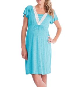 Sleep Lounge Multifunktion Kort ärmsköterska gravida pyjamas fast färg Fashion Mother Dress Lace Maternity Nighty 230404