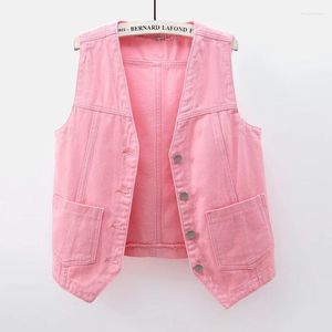 Women's Vests Korean Fashion Pink Denim Vest Women Casual Slim Short Cowboy Waistcoat Spring Summer Thin V Neck Sleeveless Jeans Jacket