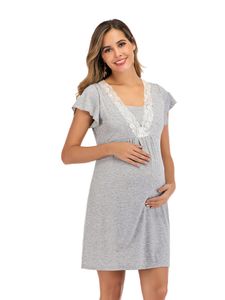 Sleep Lounge Maternity Dress for Hospital Nightgown Pregnant Women Nursing Nightwear Pama Lace Sleepwear Breastfeeding Gown Short Sleeve 230404