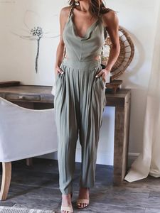Women's Two Piece Pants Women Tank Tops Summer Casual Suit Loose Long Trousers Solid Set For Femme Outdoor V Neck Pockets