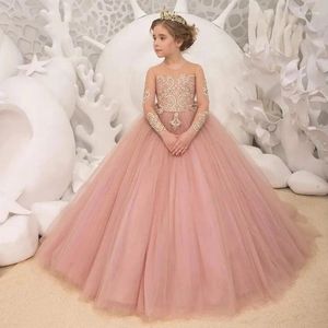 Girl Dresses Illusion Long Sleeves Flower Pink Tulle Lace Decal Princess Wedding Party Ball Gown Kids Surprise Birthday Present