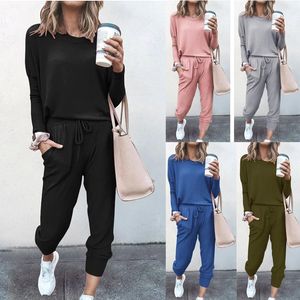 Tute da donna 2023 Autunno/Inverno Pigiama Set Allentato Solido Manica lunga Top Tasche Pantaloni 2 pezzi Set Casual Sport Donna Tute1