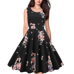Casual Dresses Elegant 50s Robe Retro Clothes Pinup Summer Floral Dress O-Neck Sleeveless Women Cotton Pleated Vintage Print