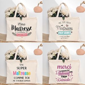 Shopping Bags Thank You Teacher French Print Women Shoulder Bag CanvasShopping Female Handbags Reusable Tote Gifts For Maitresse