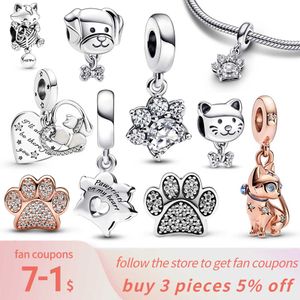 925 silver Fit Pandora Original charms DIY Pendant women Bracelets beads Shiny Paw Print Pendant Kitten