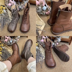 quality Boots Autumn Winter New Martin Women's Round Toe Casual Real Leather Children's Minority Lace Up Zipper Shoes