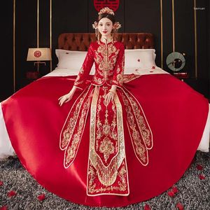 Ethnic Clothing Chinese Style Sparkly Sequins Beading Tassels Wedding Dress Bride Cheongsam Embroidery Qipao For Women Party Toast Gown