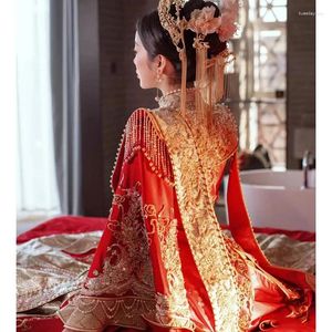 Roupas étnicas Yourqipao melhorado vestido de casamento hanfu 2023 chinês nupcial outono e inverno pesado bordado bordado xiuhe vestidos robe