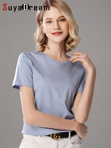 女性のTシャツスワヤドリーム女性ソリッドTシャツシルクコットンブレンドプレーンOネックショートスリーブティーサマーキャンディカラーベーシック居心地の良いトップ230404