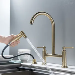 Kökskranar borstat guld diskbänk vattenblandare kran dubbel outlet Använd kranuppsättning tapware med sprayer
