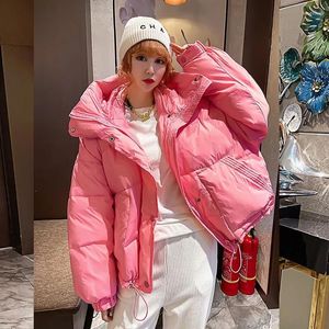 Women's Down Winter 2023 Women Short Cotton Padded Coat Casual Pink/Yellow/Purple/Blue Hooded Parkas Korean Långärmad Kvinnlig ytterkläder