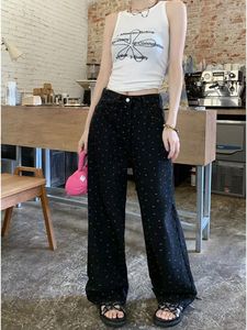 Damen Jeans Damen Schwarz Bedruckt Gerade Koreanische Mode Streetwear Hohe Taille Denim Weite Beinhose Y2K Lose Ganzkörperhose Dame