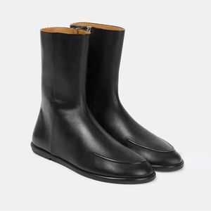 The Row Leather Side Soft end Zipper High Mid Sleeve Boots Fashion Versatile Flat Bottom Chelsea Boots Martin Boots Women