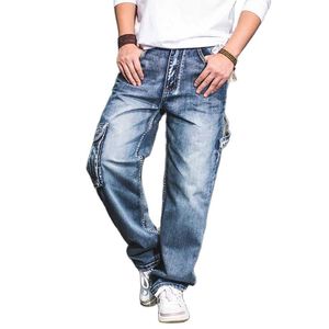 Mäns jeans trendiga lösa baggy harem män avslappnade lastbyxor bred ben stor ficka hiphop denim plus storlek byxor man kläd
