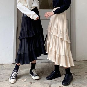 Skirts 2023 Autumn Pleated Skirt High Waist Irregular Hem Flouncing Women Long Fashion Midi A-line Female