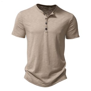 Mens tshirts Henley Collar Summer Casual Solid Color Short Sleeve Shirt for Polo Men Camisetas de alta qualidade 230404