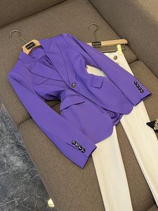 2023 Autumn Purple Solid Color Blazers Long Sleeve Notched-Lapel Buttons Single-Breasted Outwear Coats O3N022251