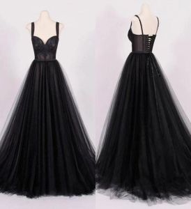 Prom 2023 Dresses Black Lace Applique Straps Sweep Train Corset Back Tulle A Line Custom Made Ruched Evening Party Gowns Vestidos Plus Size