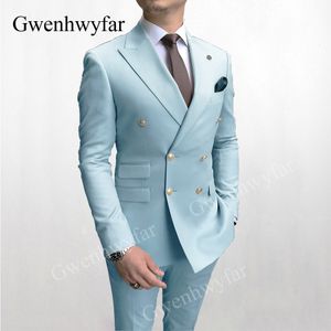 Mäns kostymer Blazers Gwenhwyfar Sky Blue Men Suits Double Breasted Senaste Design Gold Button Groom Wedding Tuxedos Costume Homme 2 Pieces 230404