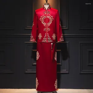 Ethnische Kleidung Traditionelles chinesisches Qipao für Herren, rote Stickerei, Bräutigam, Abendkleid, Hochzeit, Toast, Kostüme, Tang-Anzug