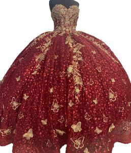 Sparkle Paillettes Quinceanera Dress 2023 Charro Mexican Prom Quince Sweet 15/16 Girl Birthday Party Gown vestido de 15 anos 3D Butterfly Floral Lace Applique Corsetto Rosso