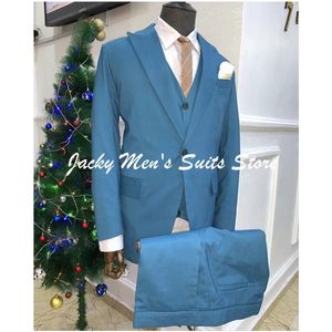 Men's Suits & Blazers Real Po Teal Blue Men Custom One Button Wedding Tuxedos Terno Masculino Slim Fit Groom Blazer 3 Pieces Jacket Pant Ves