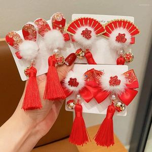 Hair Accessories Tassel Children Red Bow Hairpin Fan Plush Chinese Year Headwear Tang Suit Clip Ancient Style