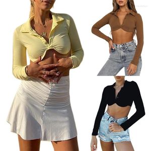 Women's Blouses Women Lapel Long Sleeve Crop Tops Bustier Cropped Shirt Blouse Low Cut Y2k Esthetics Slim Fit Exposed Navel