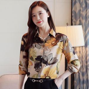 Women's Blouses 2023 Spring Korean Casual Oil Painting Printing Chiffon Loose Slim Women's Shirt Fashion Long Sleeve Lady's Top B068