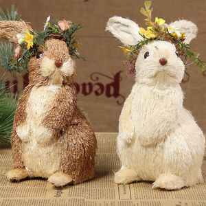 Decorative Objects Figurines Straw Easter Rabbit Figurines Handmade Woven Bunny Desktop Ornaments Crafts Garden Party Decor 230404