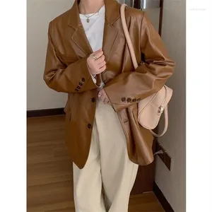 Women's Leather Brown Jacket Women 2023 Autumn Winter Korean Fashion Loose Trendy Street-style Blazer Coat