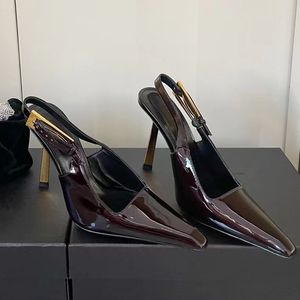 Modische Luxus-Damensandalen aus schwarzem Lackleder, römische High Heels, Damen, einzigartiges Briefkleid, Hochzeit, sexy Schuhe, Größe 35–40