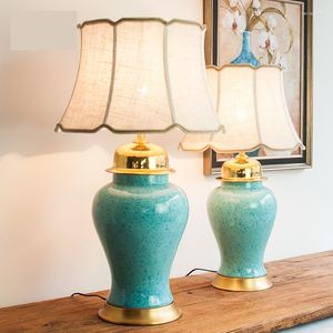 Table Lamps Modern Chinese Ceramic All Copper Sky Blue Temple Jar Large Size Living Room Bedroom Bedside Lamp