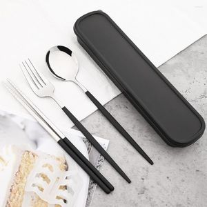 Servis uppsättningar 5st Black Silver Portable Set Western rostfritt stål Cutlery Travel Flatware Fork Spoon Tableware With Storage Box