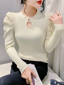 Suéter feminino outono inverno suéter pulôver vazado gola redonda manga bufante malha jumper top slim fit