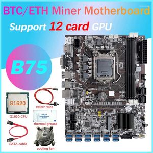 Moderbrädor -B75 12 Card BTC Mining Motherboard G1620 CPU Fan Thermal Grease SATA CABLE SWITCH LINE USB3.0 SLOT LGA1155 DDR3 MSATA