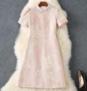 2023 Summer Pink Floral Beaded Jacquard Dress Short Sleeve Peter Pan Neck Panelled Short Casual Dresses M3M03B740
