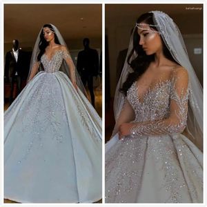 Wedding Dress Women's Long Satin Bride Dresses Luxury Beaded Sheer Tulle Full Sleeves Ball Gown For Bridal Scoop Neck Party Robe