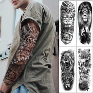 Grande manica del braccio tatuaggio leone corona re rosa impermeabile adesivo temporaneo tatoo lupo selvaggio tigre uomo cranio completo totem tatuaggio T1907116662090