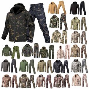 Softshell Outdoor Jacka Byxa Set Skogsmark Jakt Skytte Kläder Taktisk Camo Coat Stridskläder Kamouflage Vindjacka