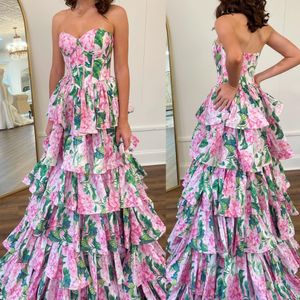 Blommigt tryck prom klänning 2k24 stropplös korsett bodice lady pageant vinter formell kväll cocktail party hoco gala klänning sherri mor till bruden skiktade tiered kjol