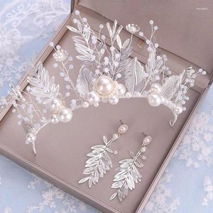 Necklace Earrings Set FORSEVEN Silver Color Pearl Flower Leaf Crystal Tiara Crown Jewelrys Headpiece Bride Noiva Wedding Hair Accessories