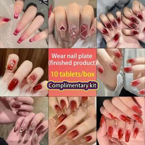 Unghie finte rosse stampate a mano su copertura completa Manicure professionale a forma di cuore artificiale indossabile con disegni