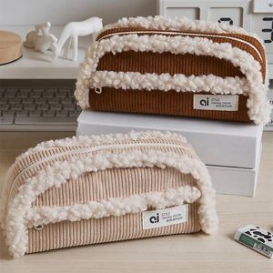 Fashion Simplicity Solid Color Wool Corduroy Pencil Bag Creative Case Winter High Capacity Stationery Lagring