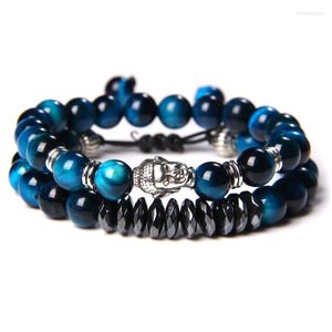 Strand Blue Tiger Eye Beads Bracelets for Men Buda Bangle Hematite Slice Charme 2 Chain Bracelet Set