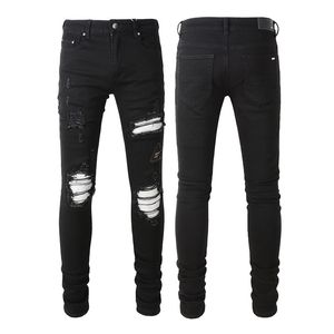 Fashion amiryes casual men straight zipper fly washed black hole patch elastic slimming jean