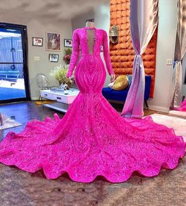 Fuchsia Meerjungfrau Lange Ballkleider 2023 Rosa Rot Afrikanisches Schwarzes Mädchen mit langen Ärmeln Sparkly Pailletten Spitze Luxus Party Abendkleid BC16456342