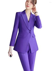 Женские брюки из двух предметов, высокое качество, осенне-зимний женский брючный костюм, фиолетовый, красный, черный, женский пиджак и брюки, женский деловой деловой костюм 2