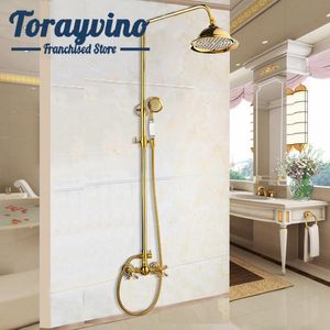 Set doccia da bagno Torayvino Set in ottone dorato Miscelatore Rubinetto Spruzzatore a pioggia Testa tonda a parete Acqua