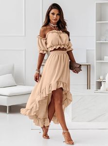 Zweiteiliges Kleid mit Rüschen, Sommerkleid-Set, zweiteilig, schulterfrei, Slash-Neck, Kurzarm, bauchfreies Oberteil, unregelmäßiger langer Rock, Set 230404